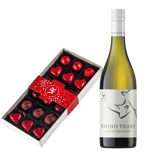 Rhino Tears Sauvignon Blanc 75cl White Wine and Assorted Box Of Heart Chocolates 215g